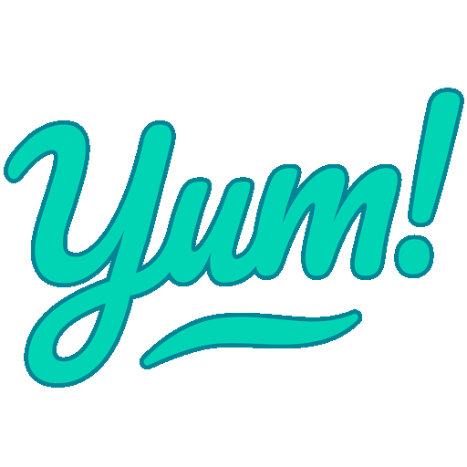 Cursive teal lettering spelling out "Yum!"