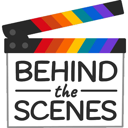 A rainbow clapperboard with the words "BEHIND the SCENES"