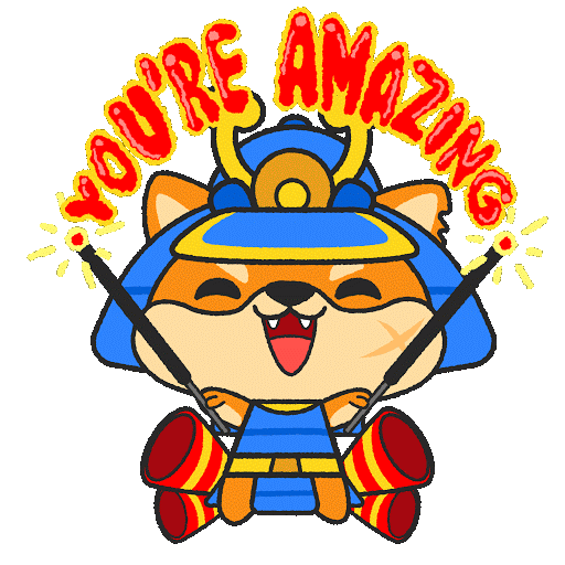 Shiba dog wearing samurai armor writing 'You're amazing' in the air with sparklers