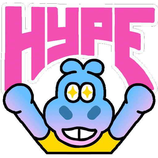 Hippo character with stars growing in his eyes, pumping his arms in the air with the word 'Hype' pulsating above him
