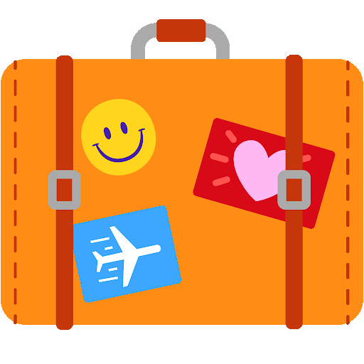 An orange suitcase with travel stickers