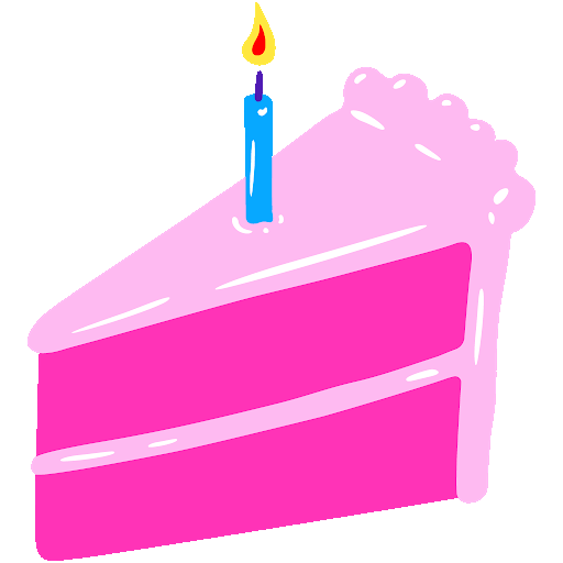 A slice of pink birthday cake with purple icing and a candle