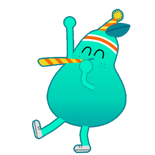 Pear character cheerfully blowing a party horn
