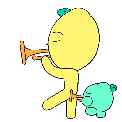 Lemon character and Baby Lemon blowing a party horn while marching