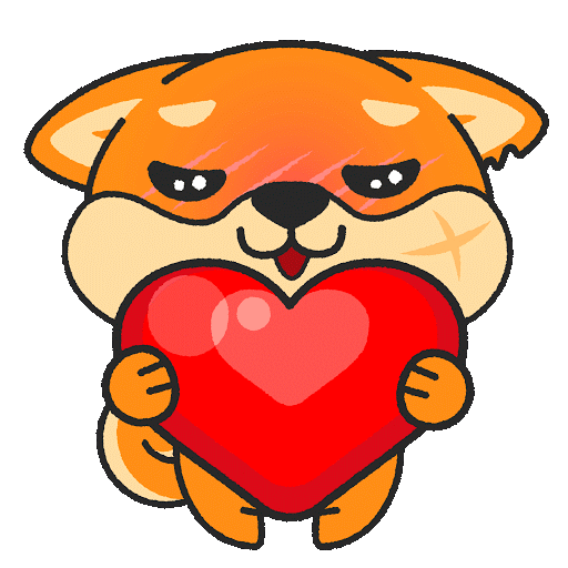Shiba dog squeezing a big red heart