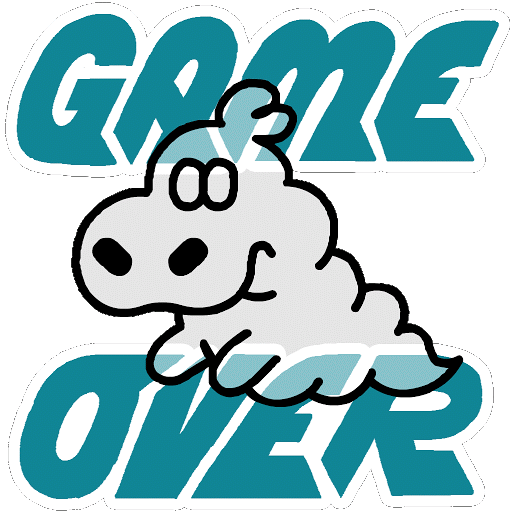 A ghost of our hippo character floats in front of the words 'Game Over'