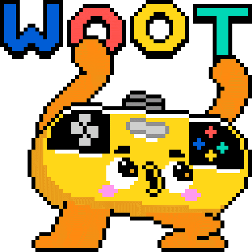 Video game controller dances goofily under the word 'Woot'